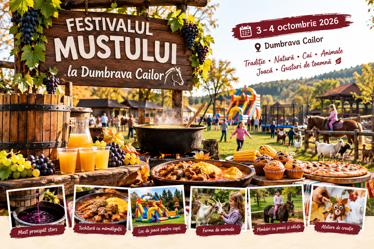 Festivalul Mustului, în acest weekend, la Dumbrava Cailor. Două zile cu tradiții, bunătăți de toamnă și distracție pentru copii